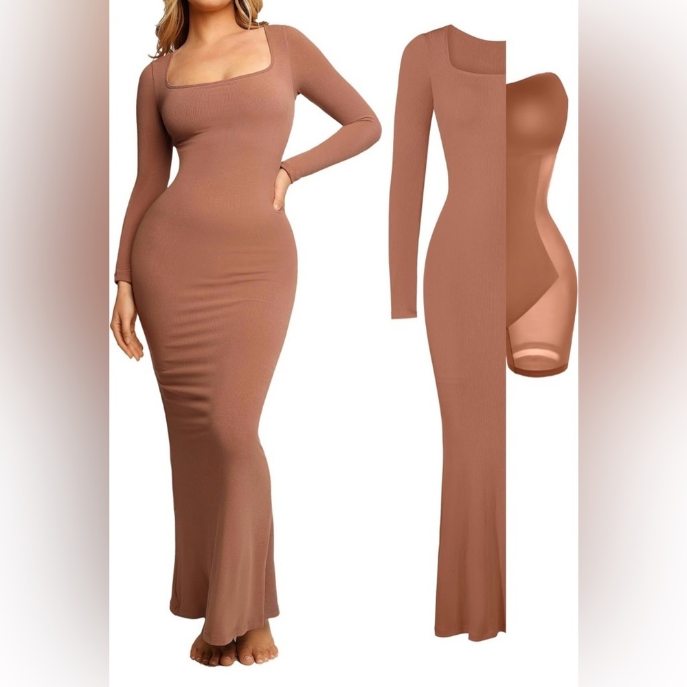 New Popilush Built-In Shapewear Long Sleeve Maxi Lounge Dress Small